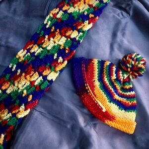 Hand crafted knitted scarf and matching rainbow beanie hat set for kids